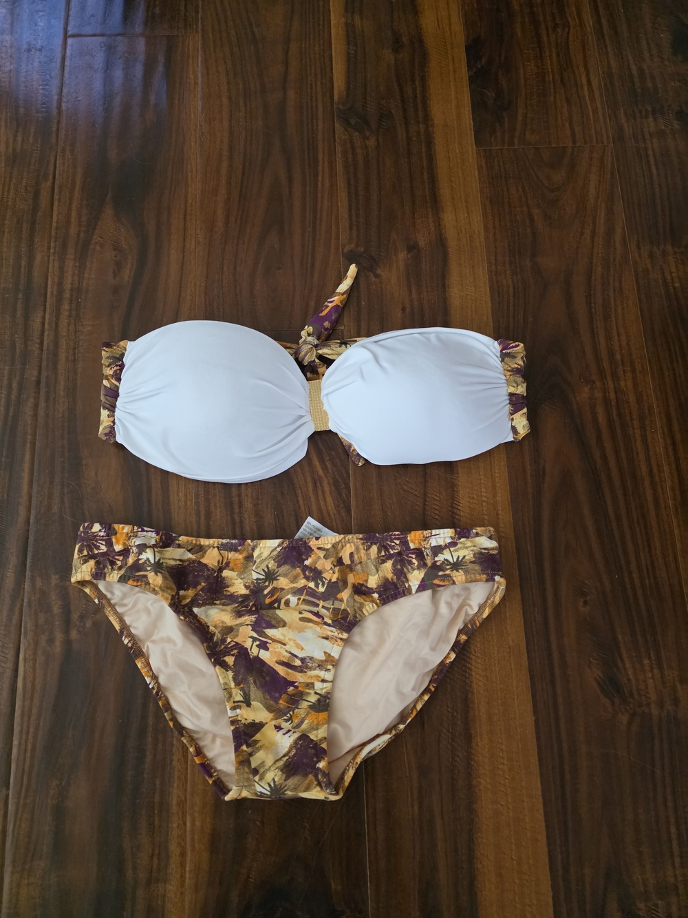 White Bandeau Top with Golds/Brown & Purple Tropical Print Bottom Gold Hardware